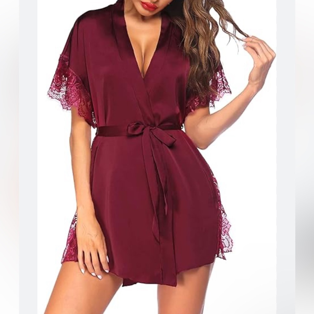 Lg Dynamite Silky Kimono Robe Blouse Dress Maroon Burgundy Lace Side Tie Front